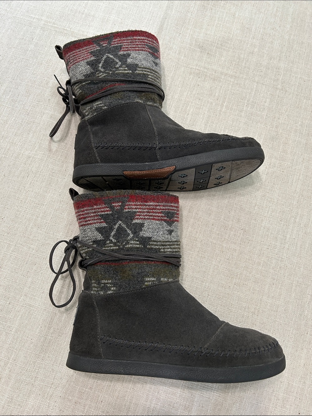 Toms Nepal Boots Grey Suede Red Aztec Knit Winter Women's Size 8 Warm Comfy - Picture 2 of 14